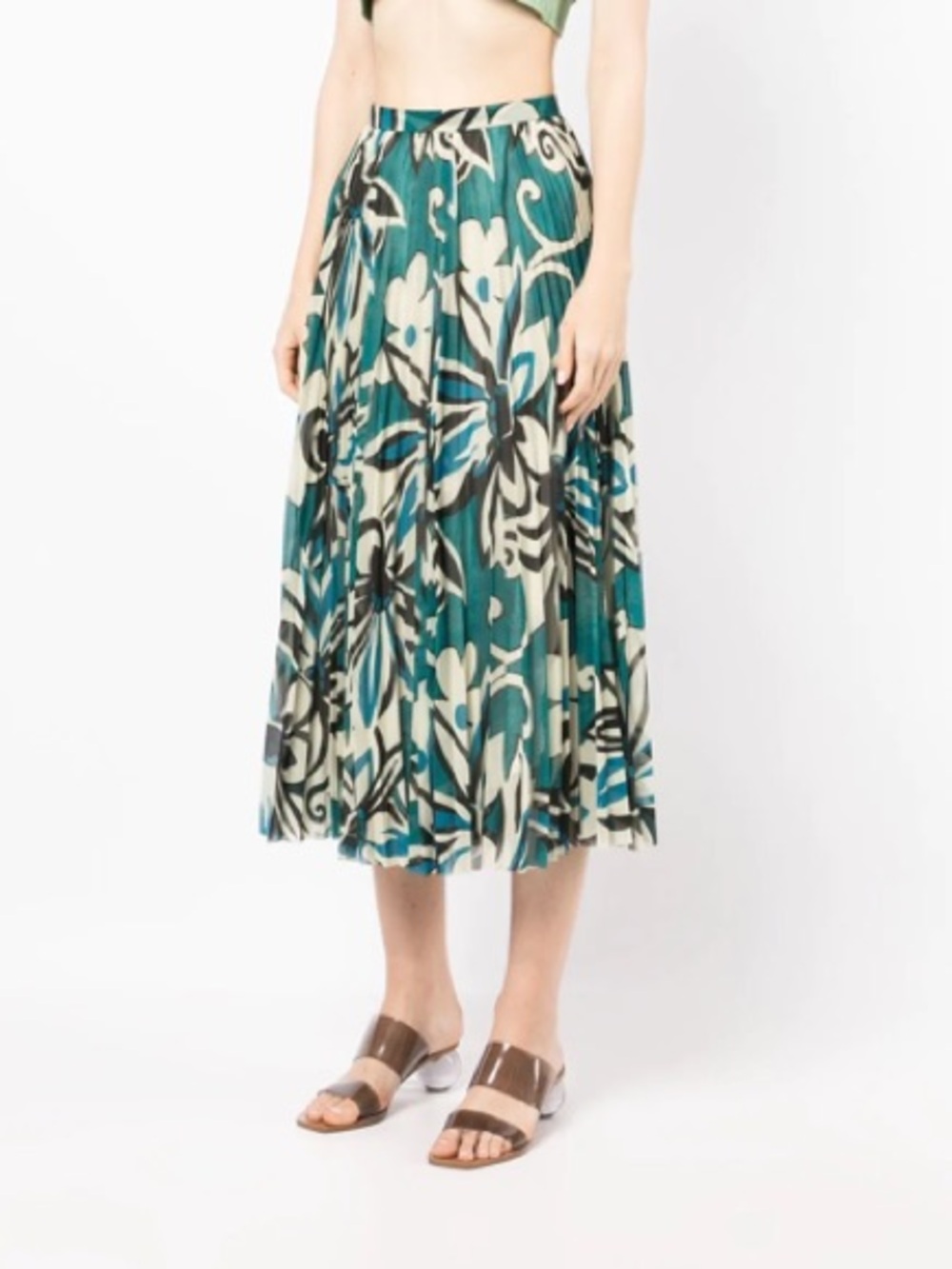 Dries Van Noten Teal, Cream & Black Pleated Midi Skirt size 36